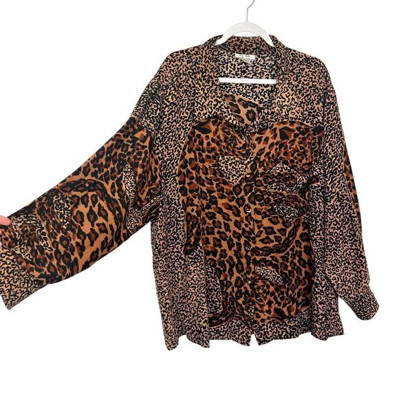 Vintage Leopard Silk Blouse Women 3X Tan Black  Animal Print Button Long Sleeve - Picture 7 of 15